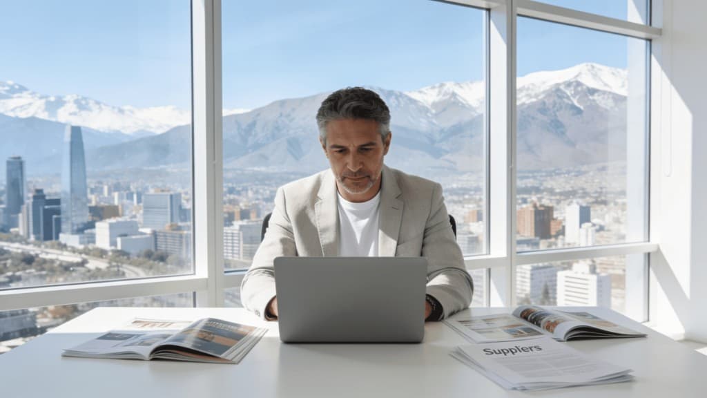 Comprador B2B revisando alternativas de proveedores en un escritorio luminoso