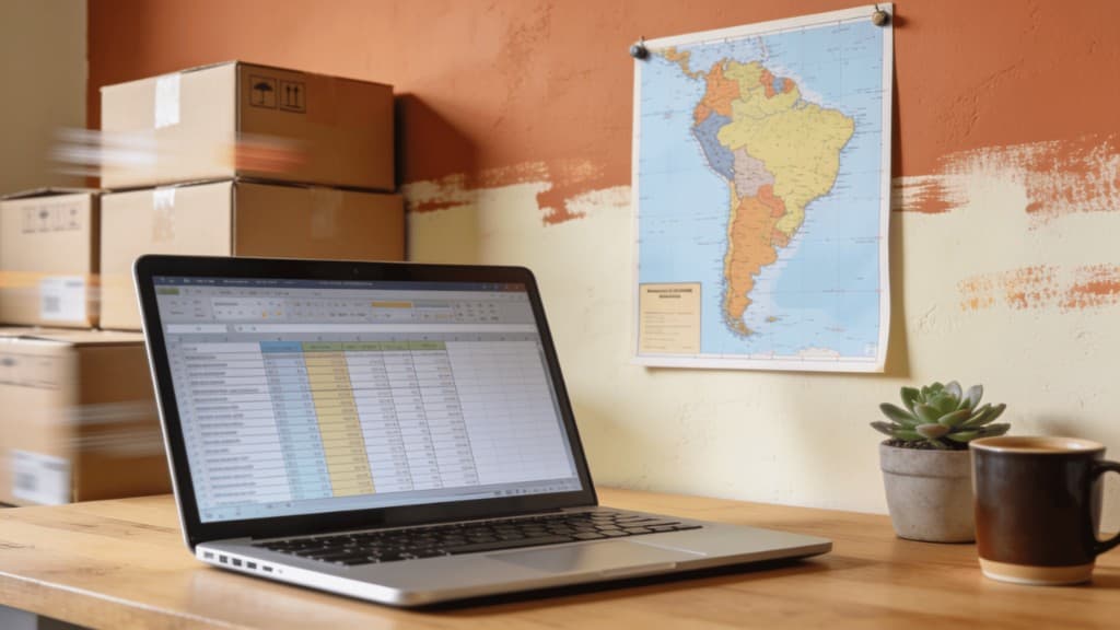 Comercio regional LATAM con laptop y logística en oficina luminosa