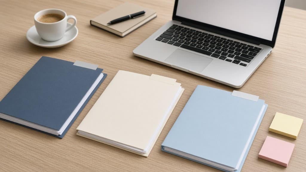 Escritorio con carpetas y laptop para comparar solicitudes RFI, RFQ y RFP