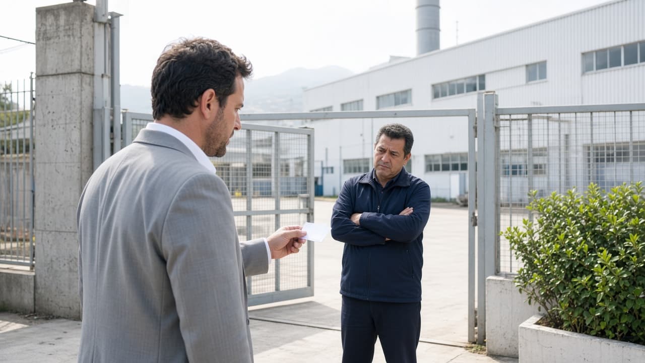 Comercial B2B frente a la entrada de una planta industrial